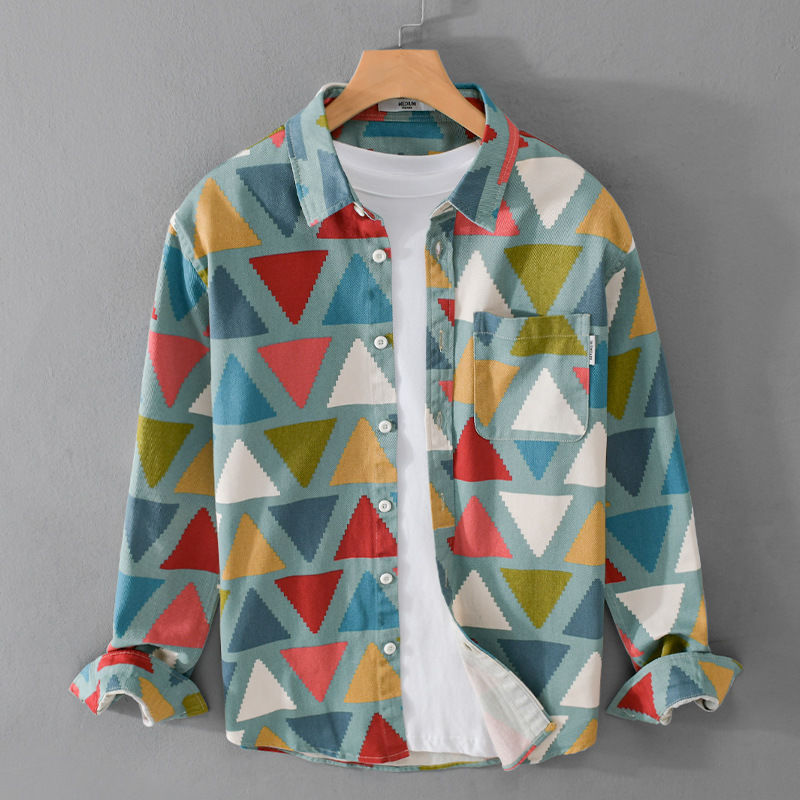 Men's Cotton Colorful Geometric Long Sleeve Shirt